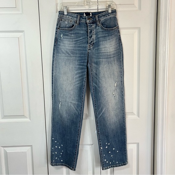 Oliver Logan Denim - OLIVER LOGAN Jeans Mulberry Straight Leg Button Fly Distressed Jeans Size 27